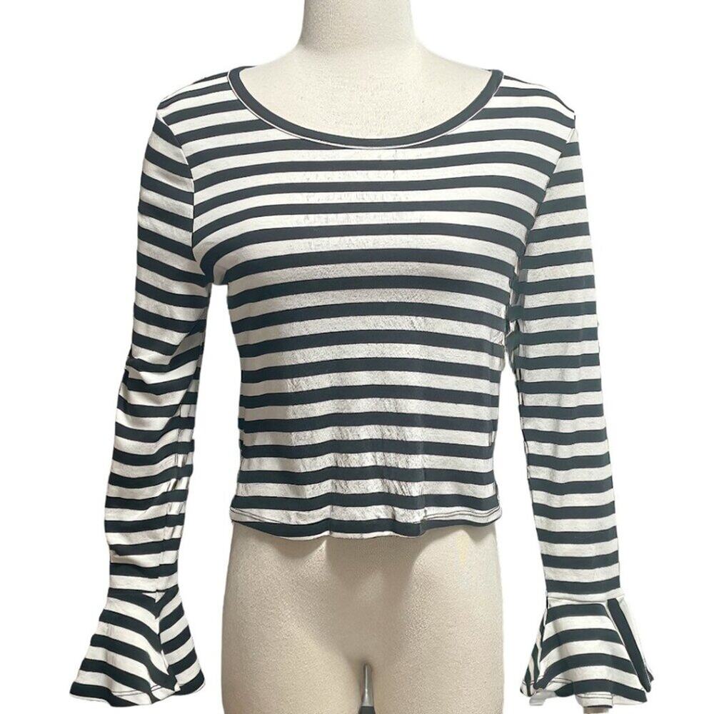 Maeve for Anthropologie Black & White Striped Long Bell Sleeve Crop Top Size M
